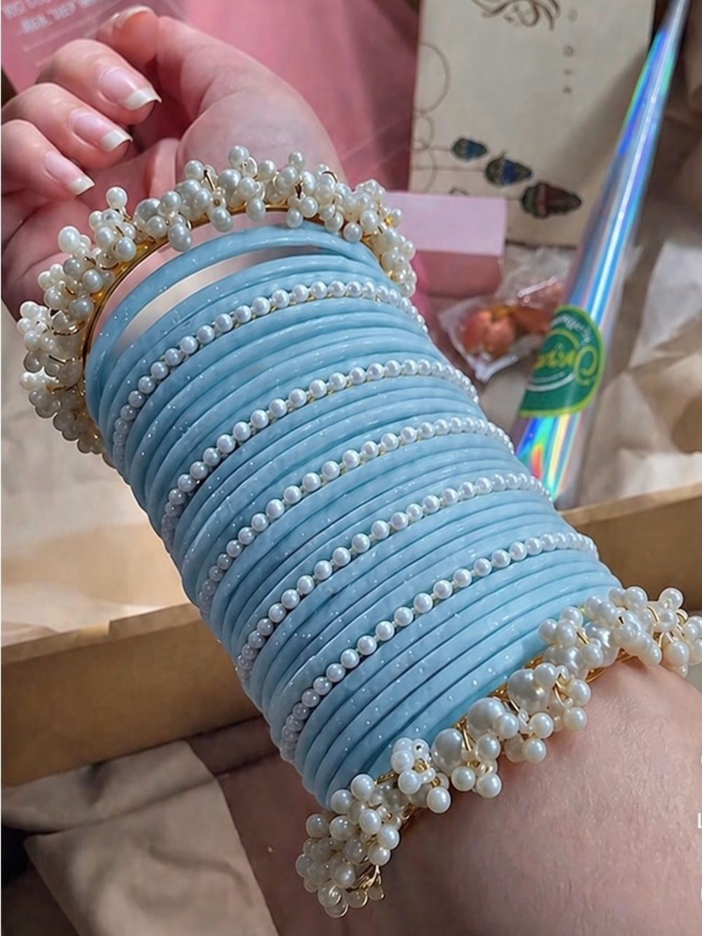 PAKISTANI DESIGNER BANGLES SET Pearl Trim PASTEL BLUE GORGEOUS VELVET GAJRA